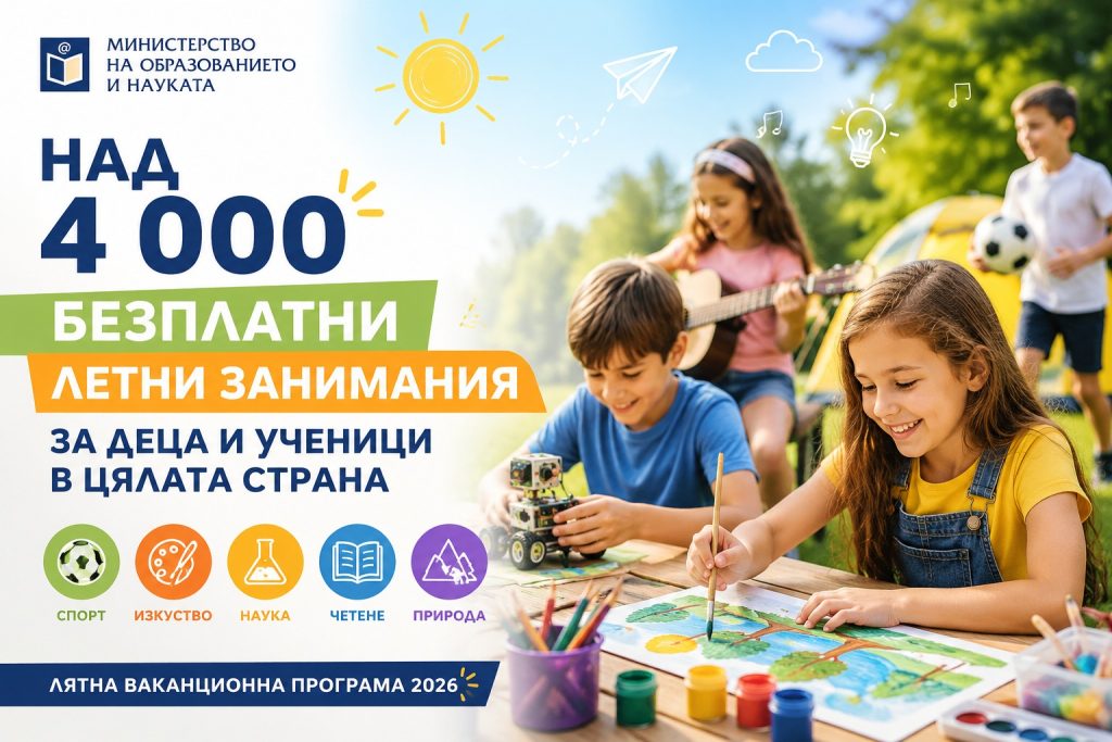 Над 4000 безплатни занимания за деца и ученици са включени в Лятната ваканционна програма на Министерството на образованието и науката за 2026 г.